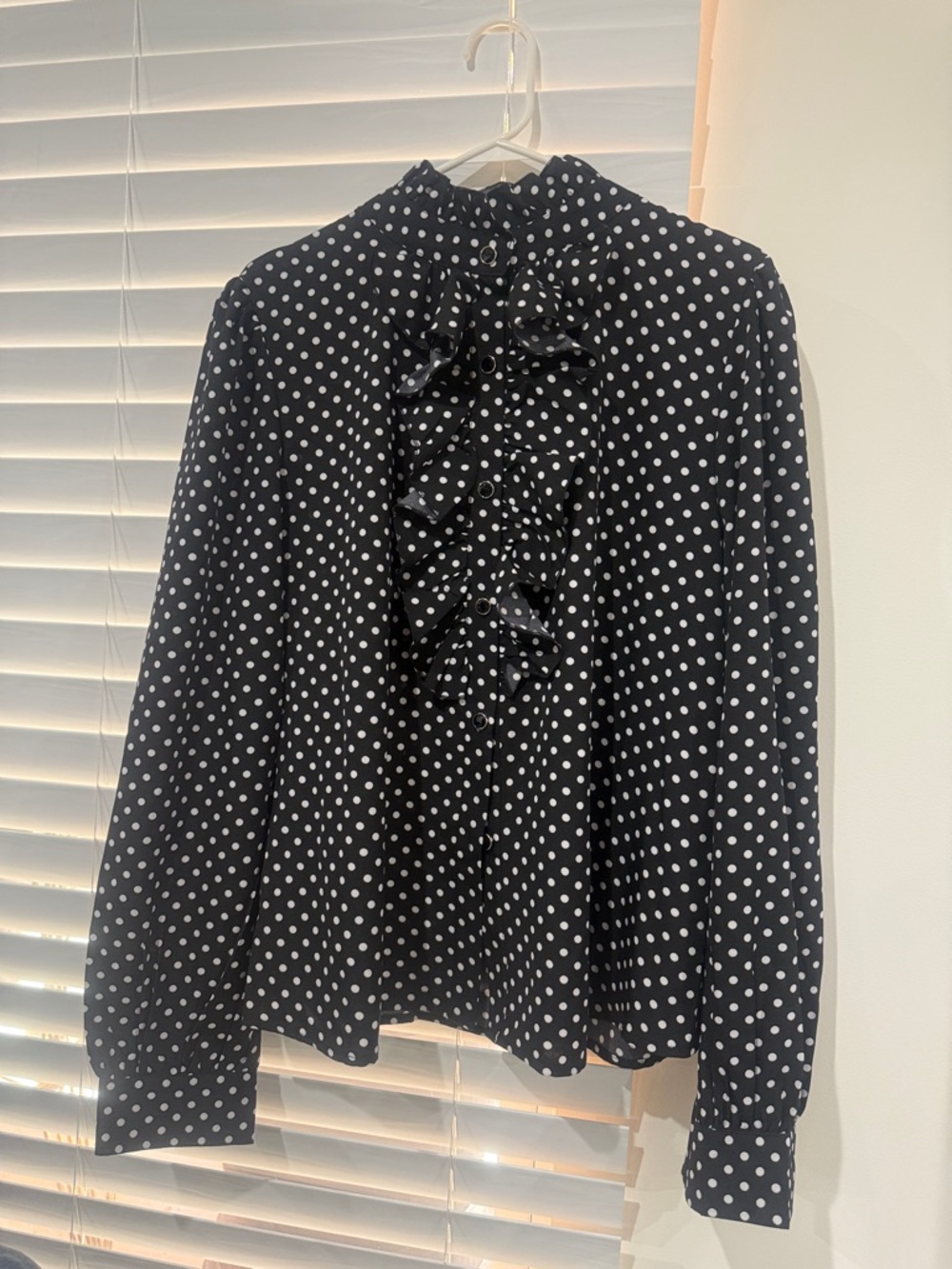 Black Polka Dot Ruffle Front Blouse - Women